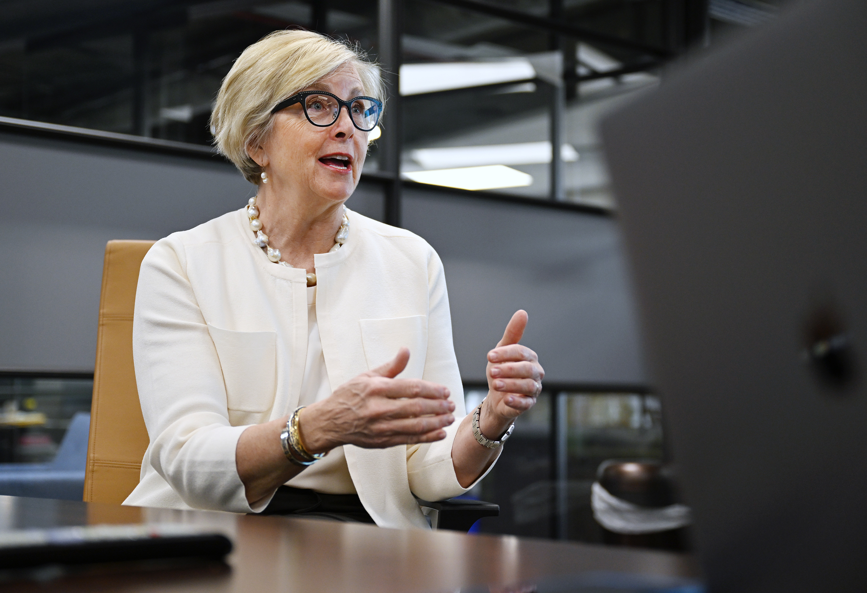 Becky Edwards, a former member of the Utah Legislature, talks about her new political action committee, the Governing Group, at the Triad Center in Salt Lake City on Monday.