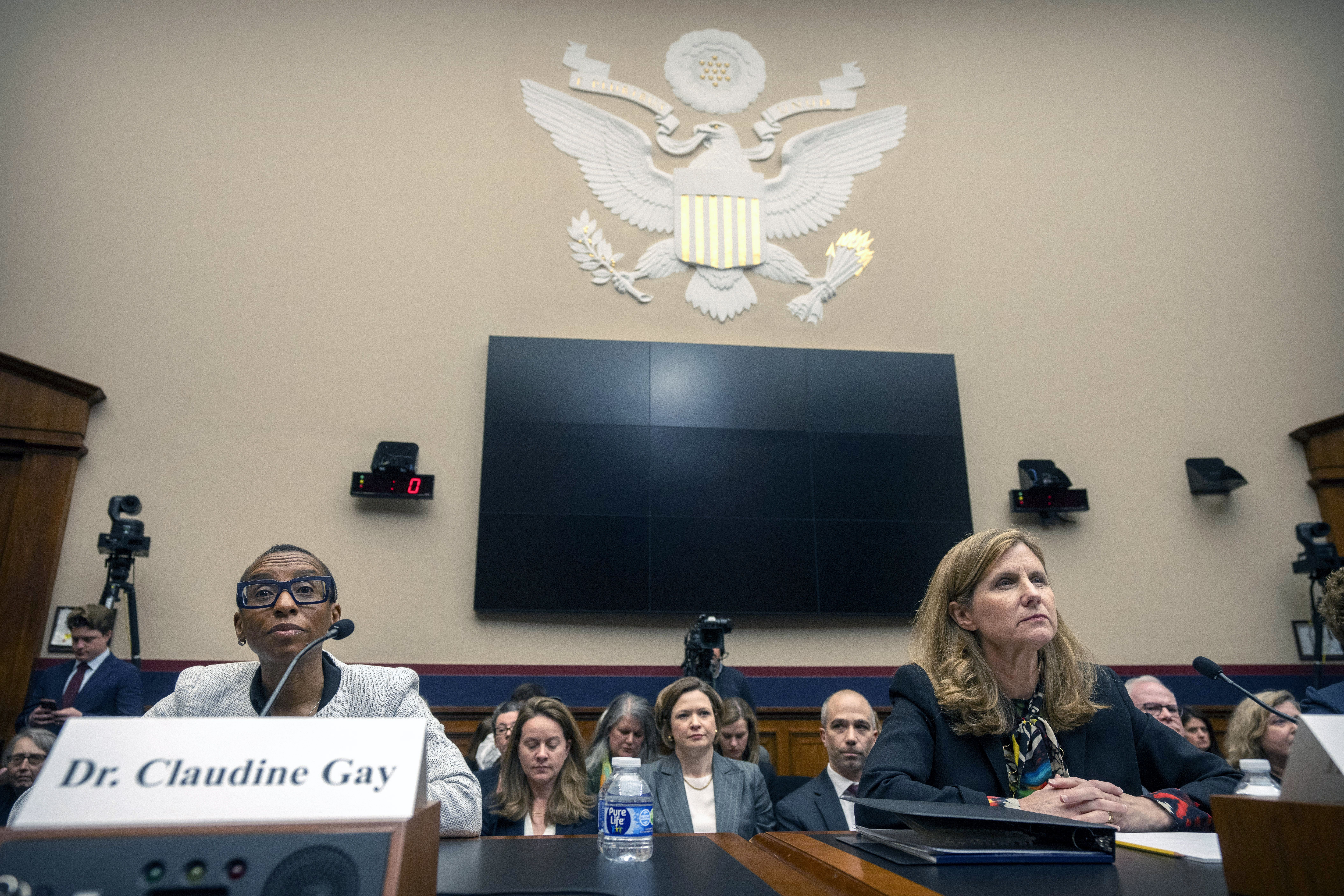 Harvard President Claudine Gay, left, speaks as University of Pennsylvania President Liz Magill listens during a hearing of the House Committee on Education on Capitol Hill, Tuesday in Washington.