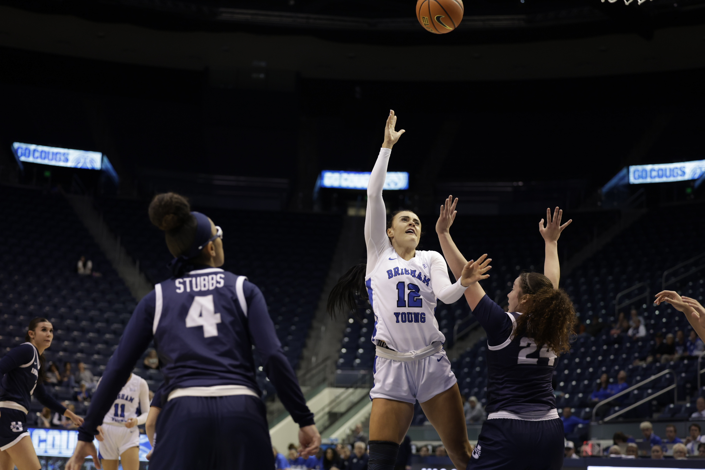 BYU forward Lauren Gustin(12) puts up a shot against Utah State during an NCAA women's basketball game, Tuesday, Dec. 5, 2023, at the Marriott Center in Provo.