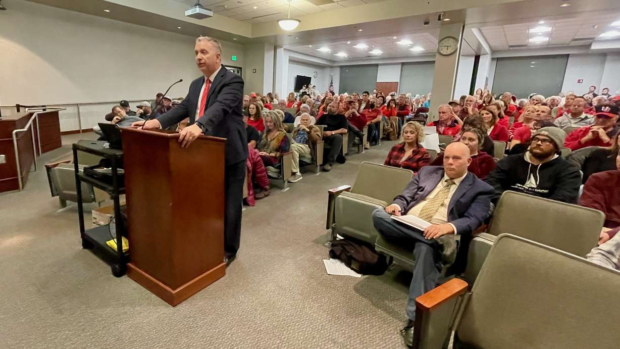 Stephen Noel, attorney for some of the foes of the proposed Eden Crossing development in the Ogden Valley, addresses Weber County commissioners at a meeting in Ogden Wednesday. Critics say the project doesn't comply with general plan guidelines.