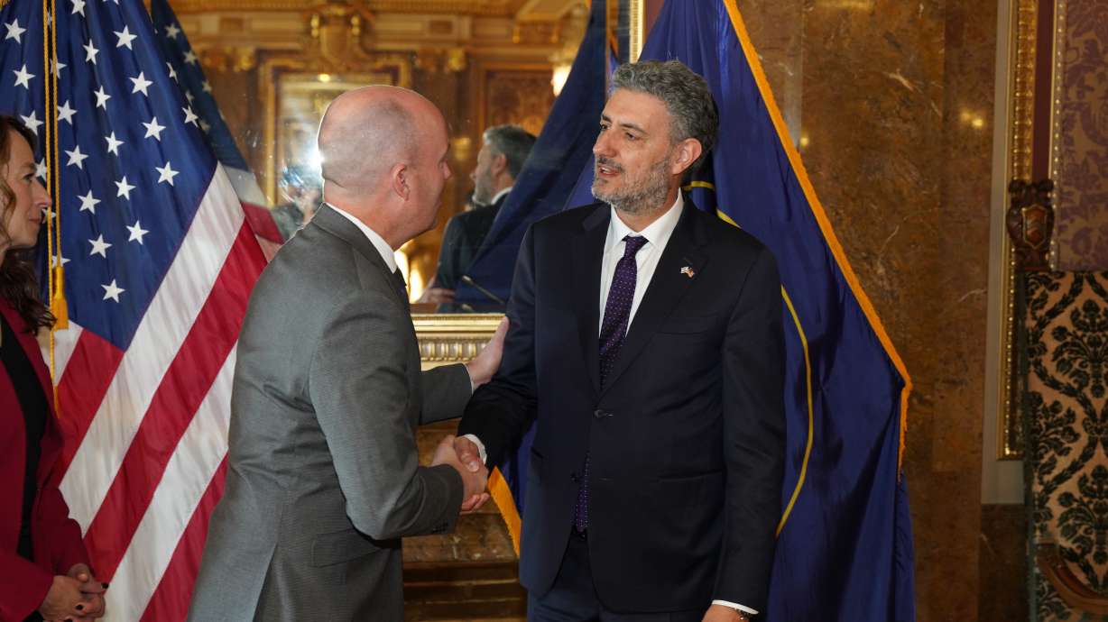 Utah Gov. Spencer Cox and first lady Abby Cox, left, meet with Israel Bachar, consul general of Israel to the Pacific Southwest, at the Capitol in Salt Lake City on Tuesday.