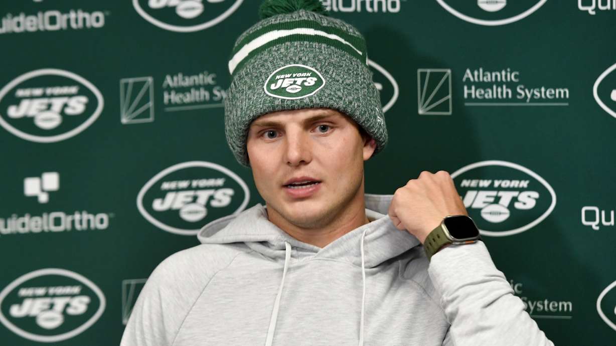 New York Jets quarterback Zach Wilson meets with reporters after the team's NFL football game against the Buffalo Bills in Orchard Park, N.Y., Sunday, Nov. 19, 2023. The Bills won 32-6.