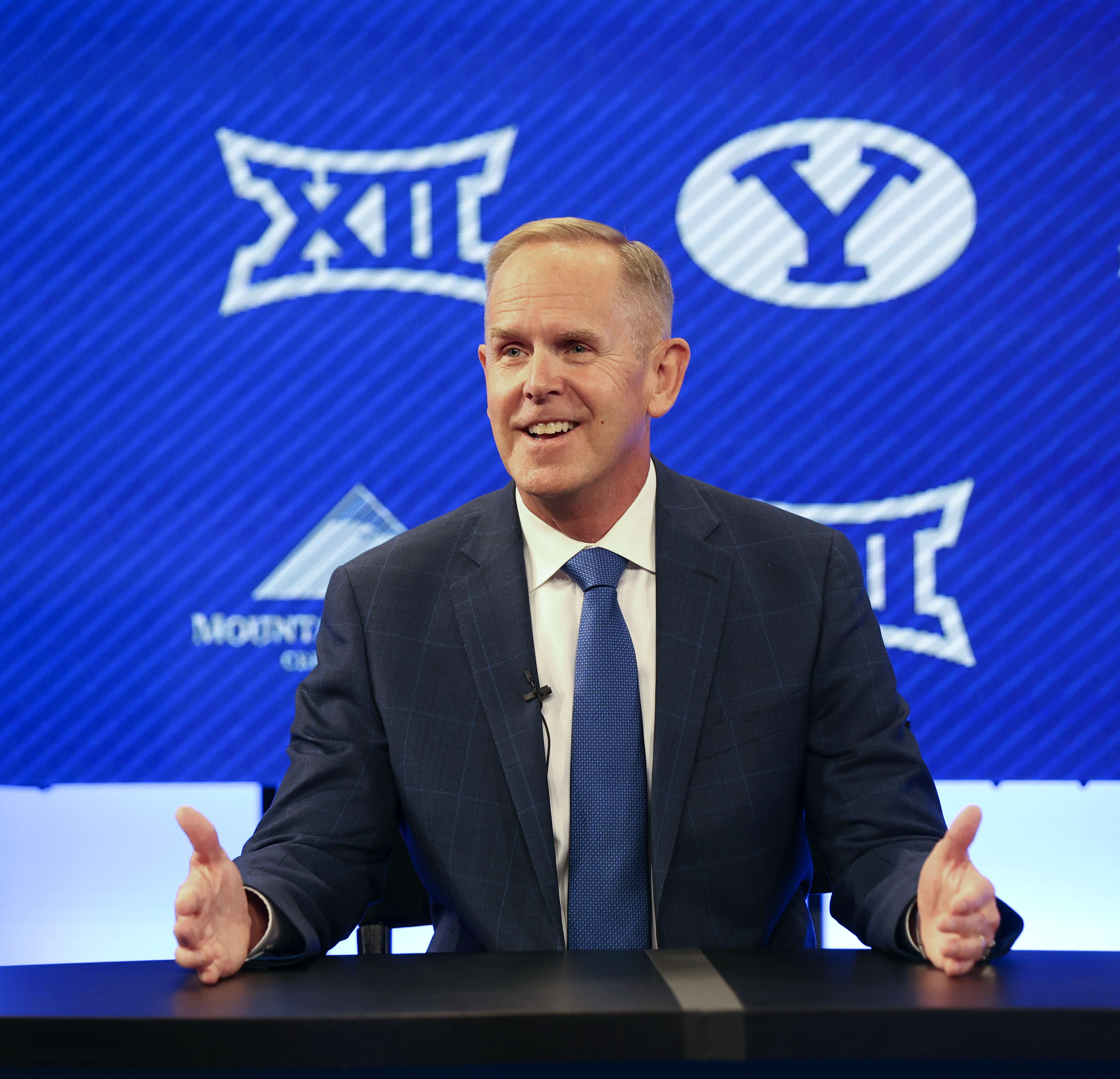 BYU athletic director Tom Holmoe speaks at a press conference announcing that BYU has accepted an invitation to the Big 12 Conference at BYU in Provo on Friday, Sept. 10, 2021.