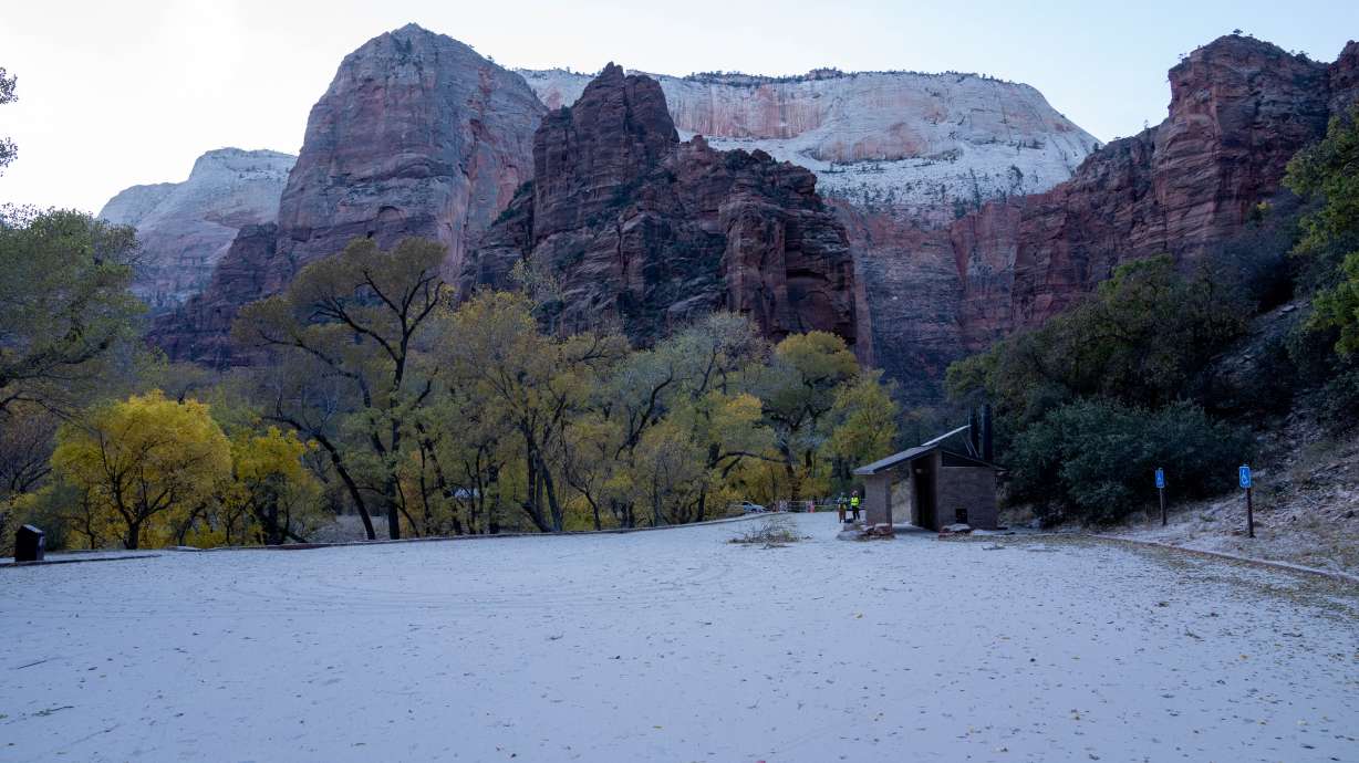 Dust on the ground at Weeping Rock in Zion National Park after a rockfall on the cliff above occurred on Nov. 14.