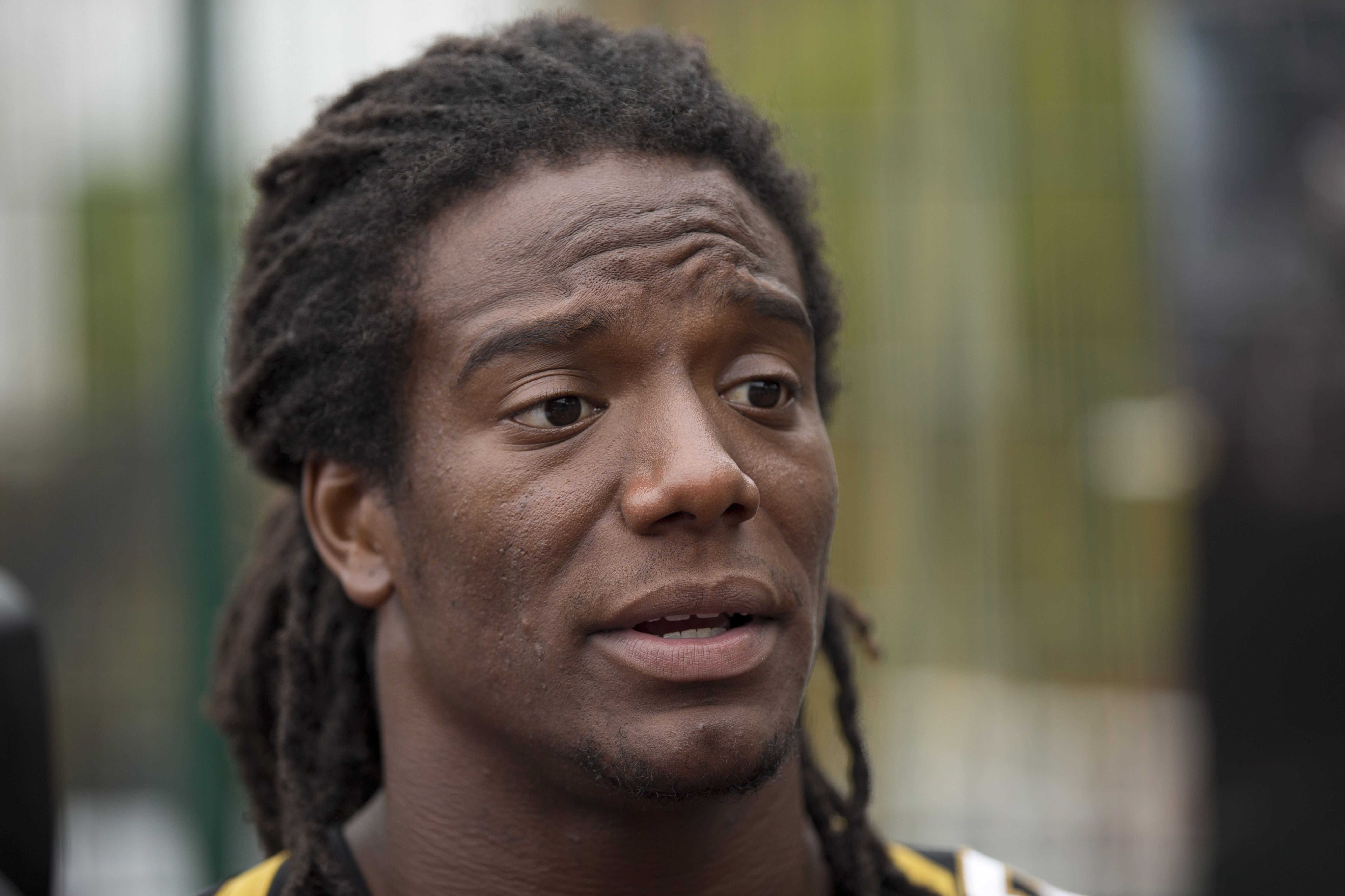 FILE - Jacksonville Jaguars safety Sergio Brown speaks during an NFL event for kids, July 15, 2015, in south London. The former NFL player has been arrested in southern California nearly a month after the body of his 73-year-old mother was found behind her suburban Chicago home. San Diego County Jail records show Wednesday, Oct. 11, 2023, that Brown, 35, was booked into the facility Tuesday afternoon, Oct. 10, following a “fugitive arrest.”