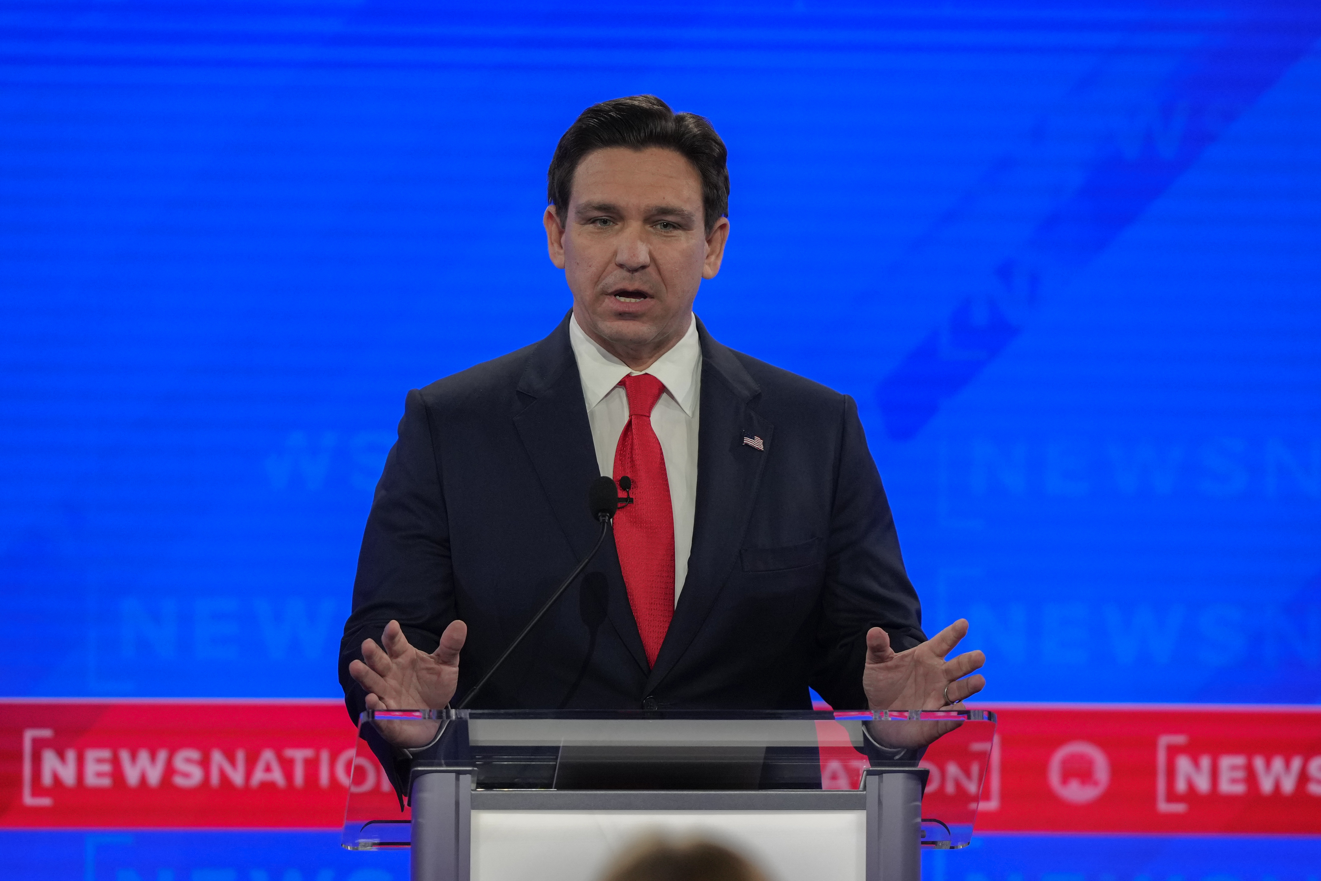 Republican presidential candidate Florida Gov. Ron DeSantis speaks during a Republican presidential primary debate hosted by NewsNation on Wednesday at the Moody Music Hall at the University of Alabama in Tuscaloosa, Ala.