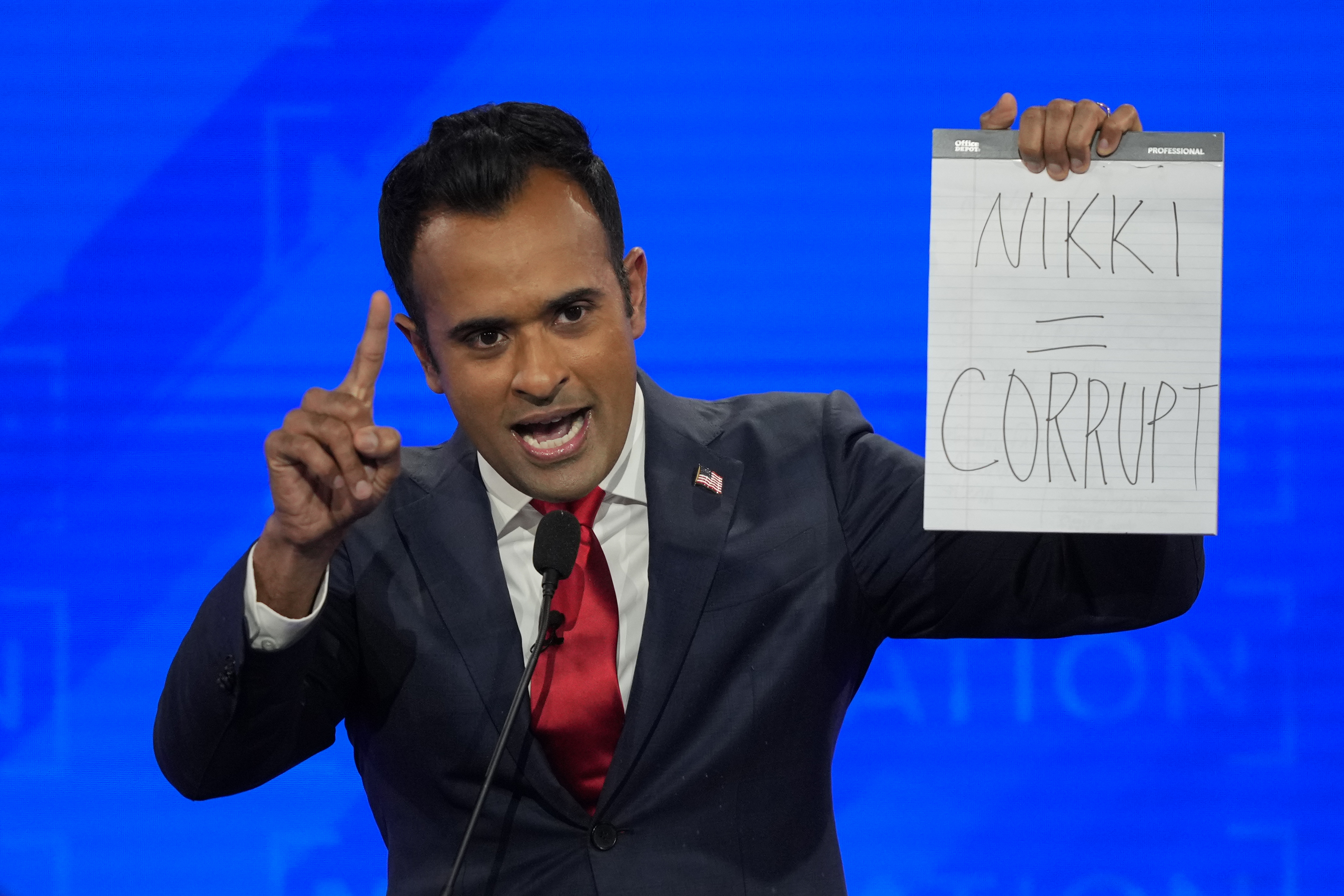 Republican presidential candidate businessman Vivek Ramaswamy speaks during a Republican presidential primary debate hosted by NewsNation on Wednesday at the Moody Music Hall at the University of Alabama in Tuscaloosa, Ala.
