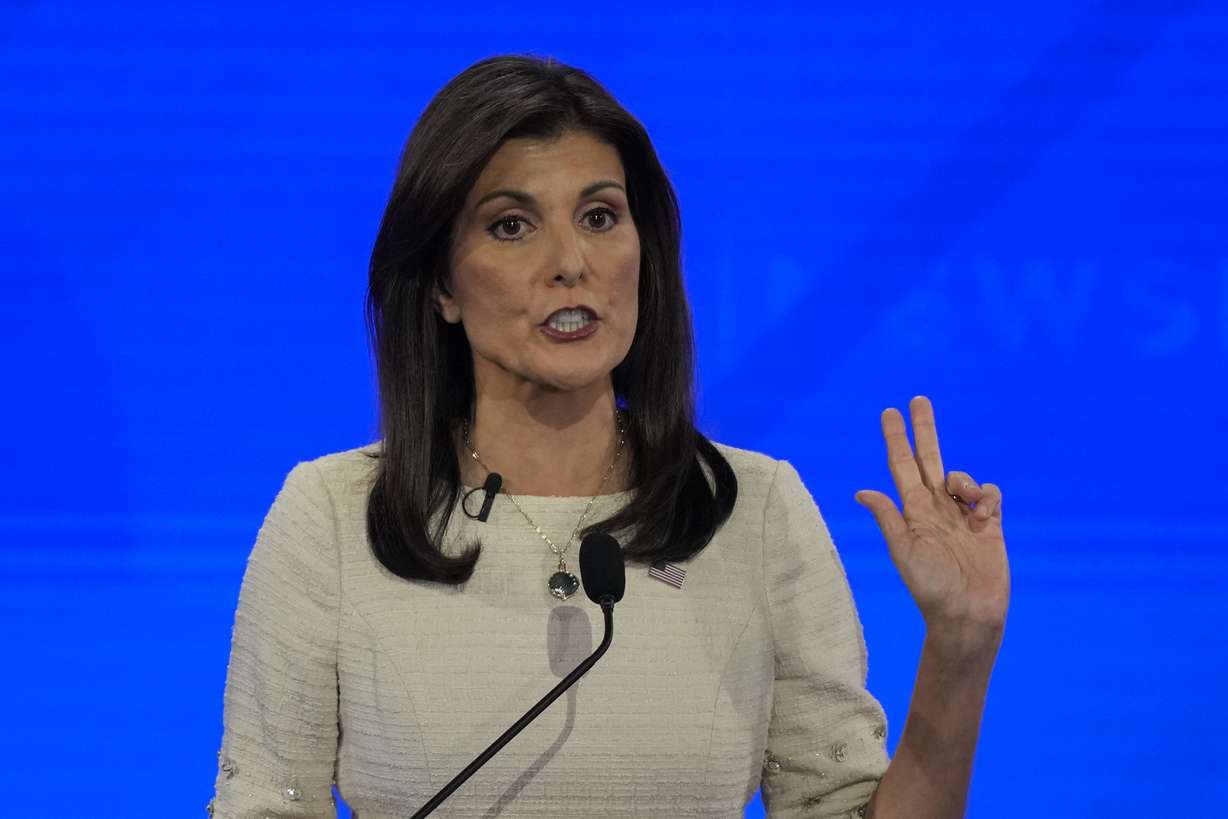 Republican presidential candidate former U.N. Ambassador Nikki Haley speaks during a Republican presidential primary debate hosted by NewsNation on Wednesday at the Moody Music Hall at the University of Alabama in Tuscaloosa, Ala.