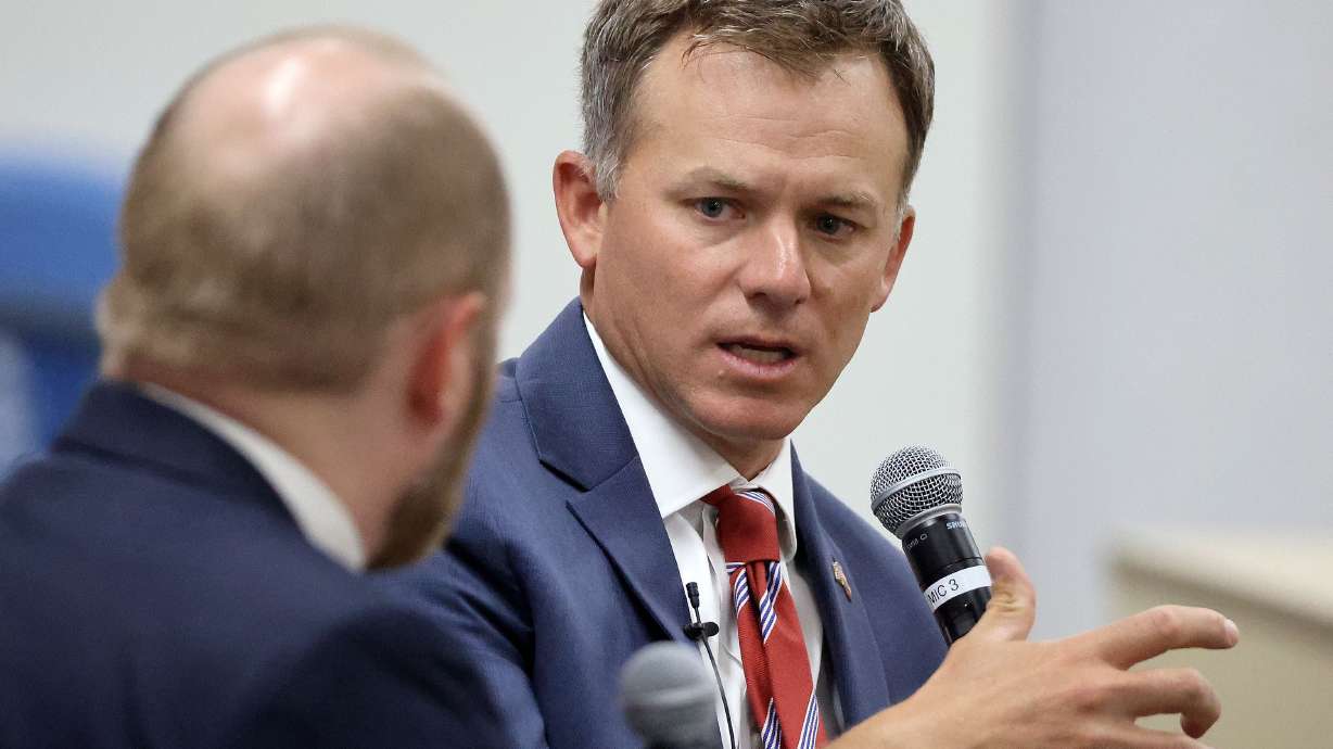 Rep. Blake Moore, R-Utah, speaks at Sutherland Institute’s 2023 Congressional Series at the Olene S. Walker Institute of Politics and Public Service at Weber State University in Ogden on Aug. 29. Moore said Wednesday that Republican "quibbling" has prevented House lawmakers from advancing conservative spending bills to the Senate.