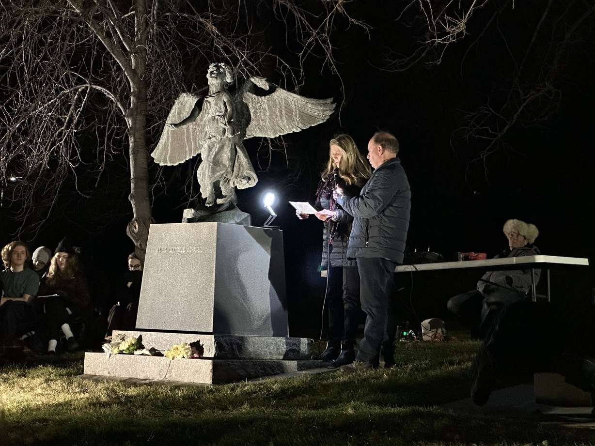 Diane and Robert Glad speak at the annual Christmas Box Angel vigil in the Salt Lake City Cemetery Wednesday, sharing memories of their son who died in July.