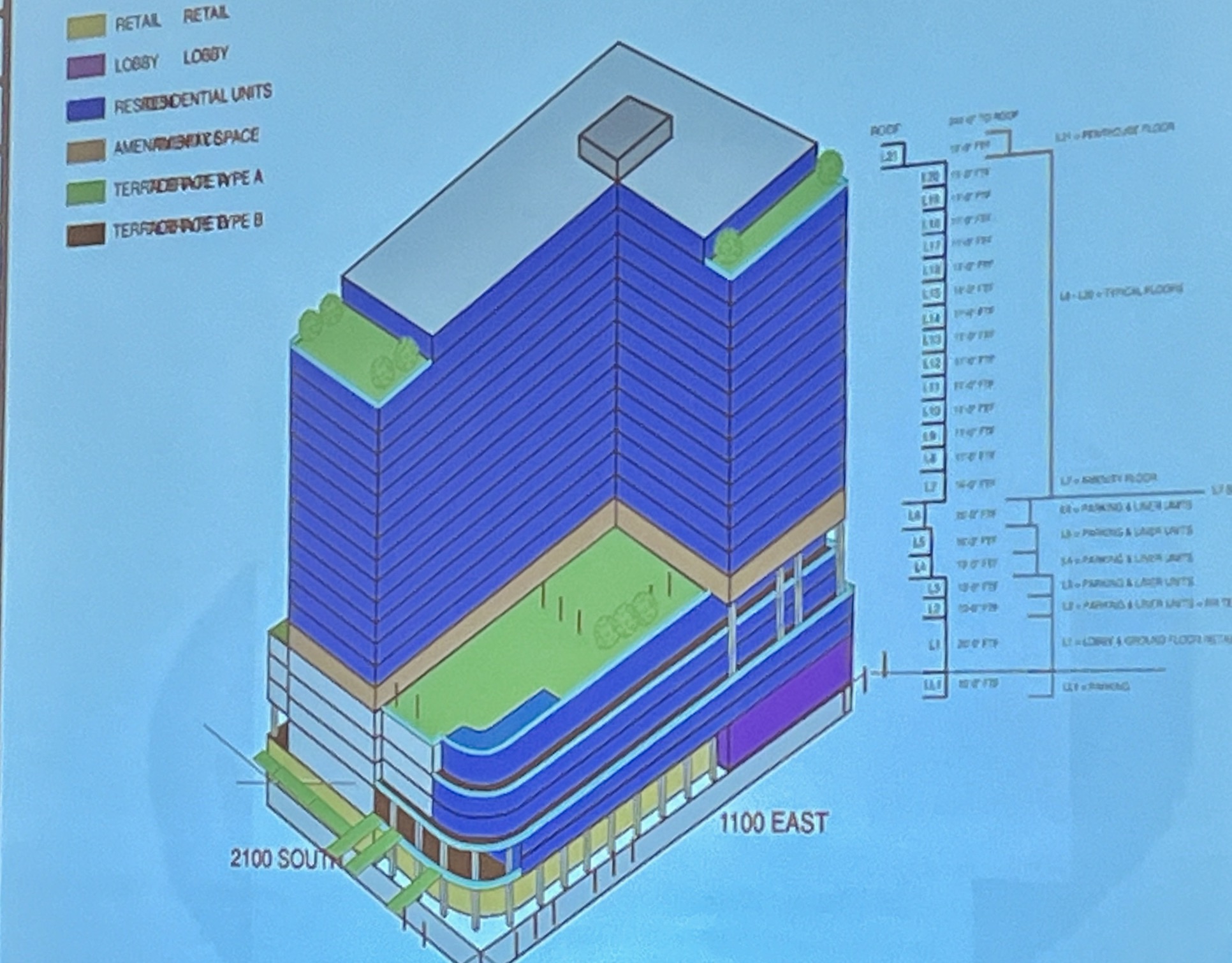 A rendering of a possible new building in Sugar House is projected on a screen during a Sugar House Community Council meeting at The Neighborhood Hive in Salt Lake City on Wednesday. The building shown here would be about 21 stories and 240 feet high.