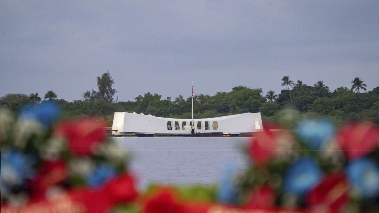 The USS Arizona Memorial is seen during a ceremony to mark the 82nd anniversary of the Japanese attack on Pearl Harbor, Thursday in Honolulu County, Hawaii. Pearl Harbor Survivors, World War II veterans and their families gather in Pearl Harbor to commemorate those who perished 82 years ago.