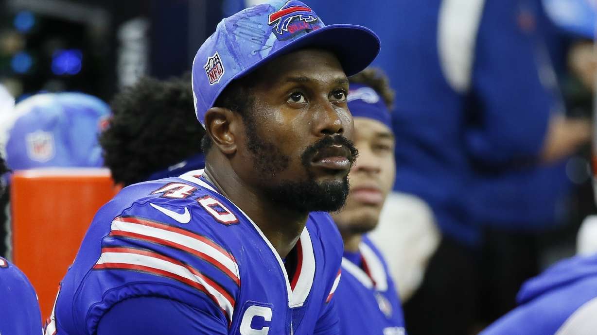 FILE - Buffalo Bills' Von Miller watches from the bench during the second half of an NFL football game against the Cleveland Browns, Sunday, Nov. 20, 2022, in Detroit. Police in Dallas have issued an arrest warrant for Buffalo Bills linebacker Von Miller on charges stemming from a “major disturbance” at a home on Wednesday, Nov. 29, 2023.