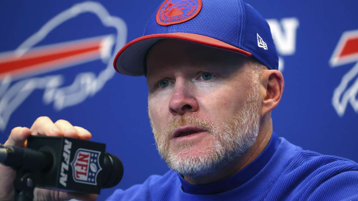 FILE -Buffalo Bills head coach Sean McDermott talks with reporters following an NFL football game against the New York Giants in Orchard Park, N.Y., Sunday Oct. 15, 2023. The Buffalo Bills enter their bye week off at 6-6 and stinging from a series of close calls and last-game collapses. The latest was a 37-34 overtime loss at Philadelphia in which the Bills squandered leads in the final two minutes as well as overtime.