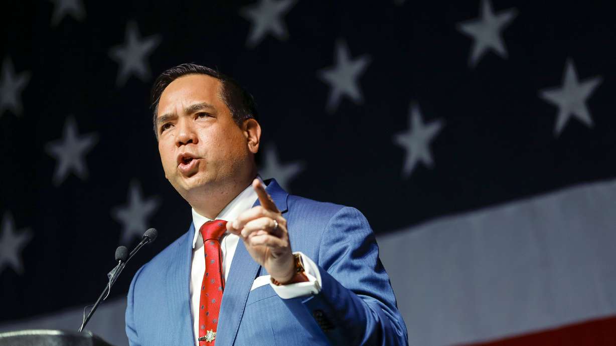 Utah Attorney General Sean Reyes speaks during the GOP State Convention at the Mountain America Exposition Center in Sandy on April 23, 2022. Reyes released internal polling Thursday that places him ahead of other potential candidates for the attorney general's office.