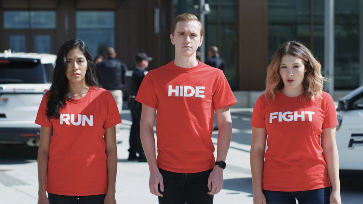 A training video of an active shooter scenario produced by the University of Utah for students, staff and faculty instructs viewers to “run, hide, fight.”