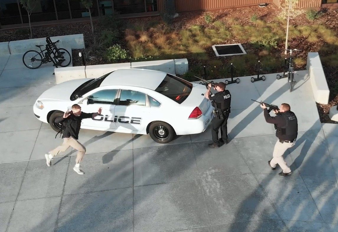 A training video of an active shooter scenario produced by the University of Utah for students, staff and faculty instructs viewers to “run, hide, fight.”
