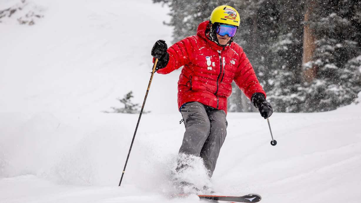 Junior Bounous, 98, finds a bit of fresh powder on off the edge of a groomed run while skiing at Snowbird on Thursday. Bounous is widely regarded as a skiing pioneer and at 98 years young, he's still hitting the slopes regularly.
