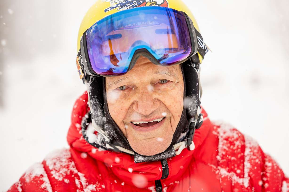Junior Bounous, 98, poses for a portrait after skiing at Snowbird on Thursday.