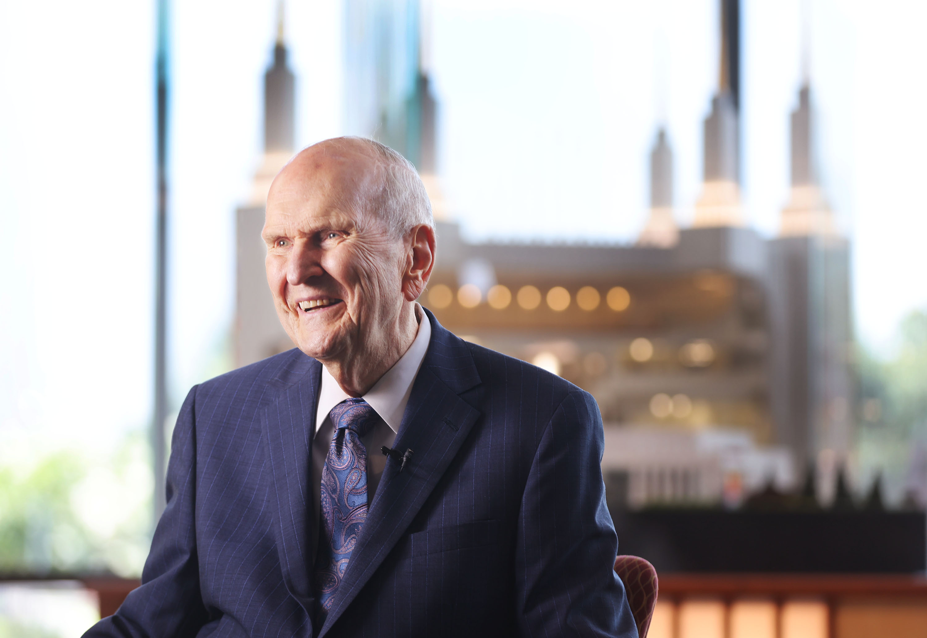President Russell M. Nelson of The Church of Jesus Christ of Latter-day Saints is interviewed in the visitors' center during the Washington D.C. Temple rededication in South Kensington, Md., on Sunday Aug. 14, 2022.