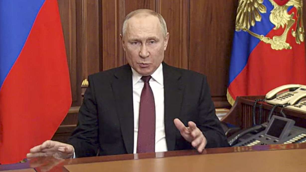 Russian President Vladimir Putin addressees the nation in Moscow, Russia, on Feb. 24, 2022. Putin on Friday announced his candidacy in the 2024 presidential election that he is all but certain to win.