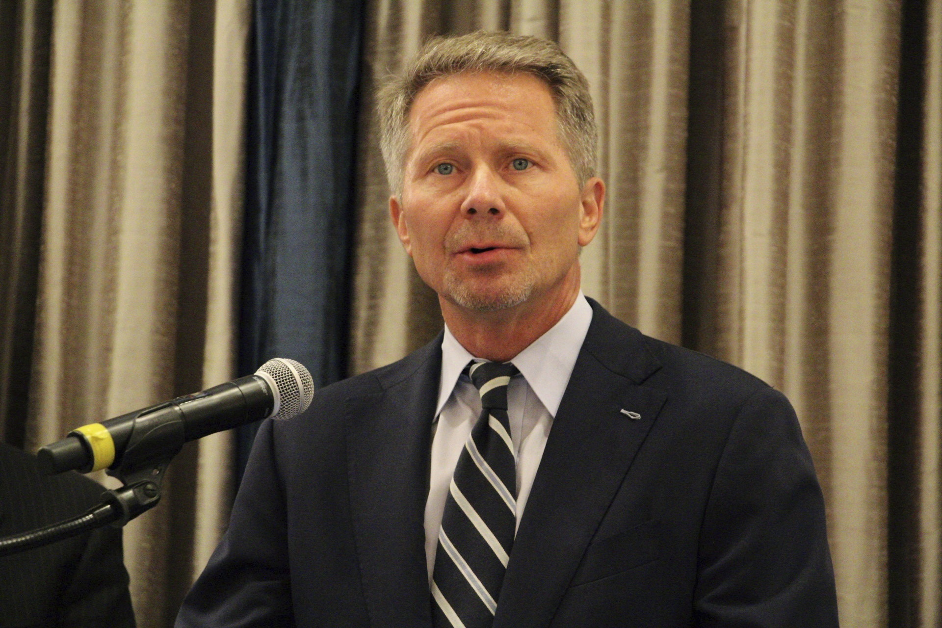 FILE - University of North Carolina Chapel Hill Chancellor Kevin Guskiewicz speaks at a news conference, Monday, Aug. 28, 2023, at The Carolina Inn in Chapel Hill, N.C. Michigan State University's Board of Trustees has unanimously approved Guskiewicz as the next president, Friday, Dec. 8.