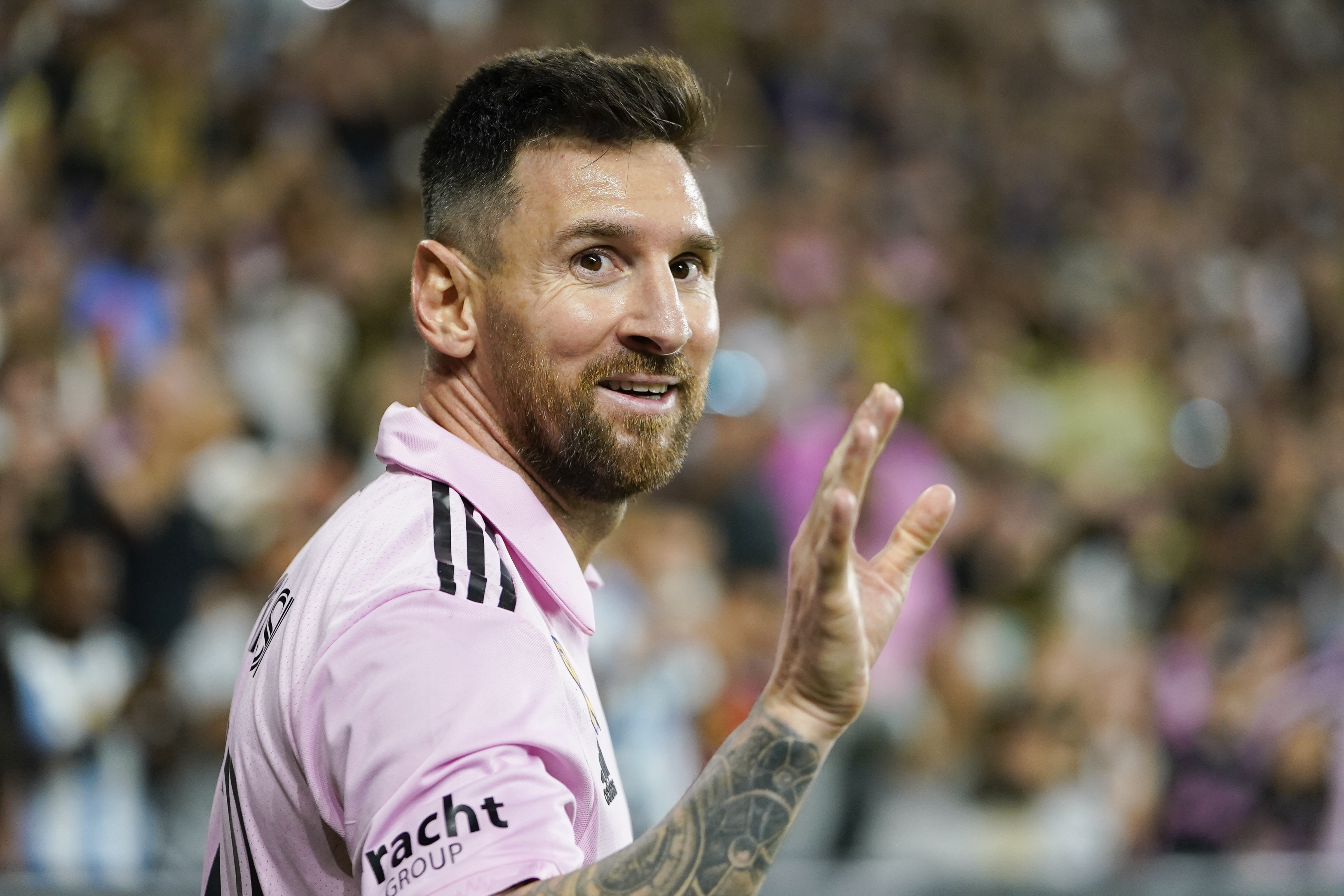 FILE - Inter Miami forward Lionel Messi waves to the crowd during the second half of an MLS soccer match against Los Angeles FC, Sunday, Sept. 3, 2023, in Los Angeles.