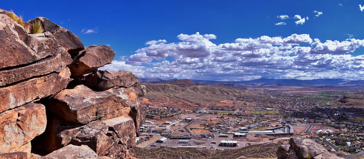 Shinob Kibe hiking trail views at a mesa overlooking Washington near St. George in southwest Utah.