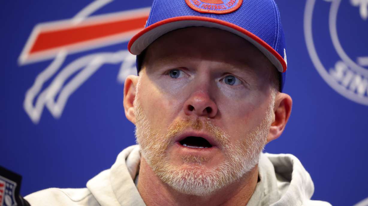 Buffalo Bills head coach Sean McDermott meets with reporters after the team's NFL football game against the New York Jets in Orchard Park, N.Y., Sunday, Nov. 19, 2023. The Bills won 32-6.