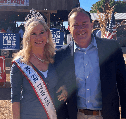 Newly elected Santa Clara City Councilwoman Janene Burton in her Ms. Senior Utah USA sash stands with Sen. Mike Lee, in Washington in Washington County, Oct. 7, 2022.