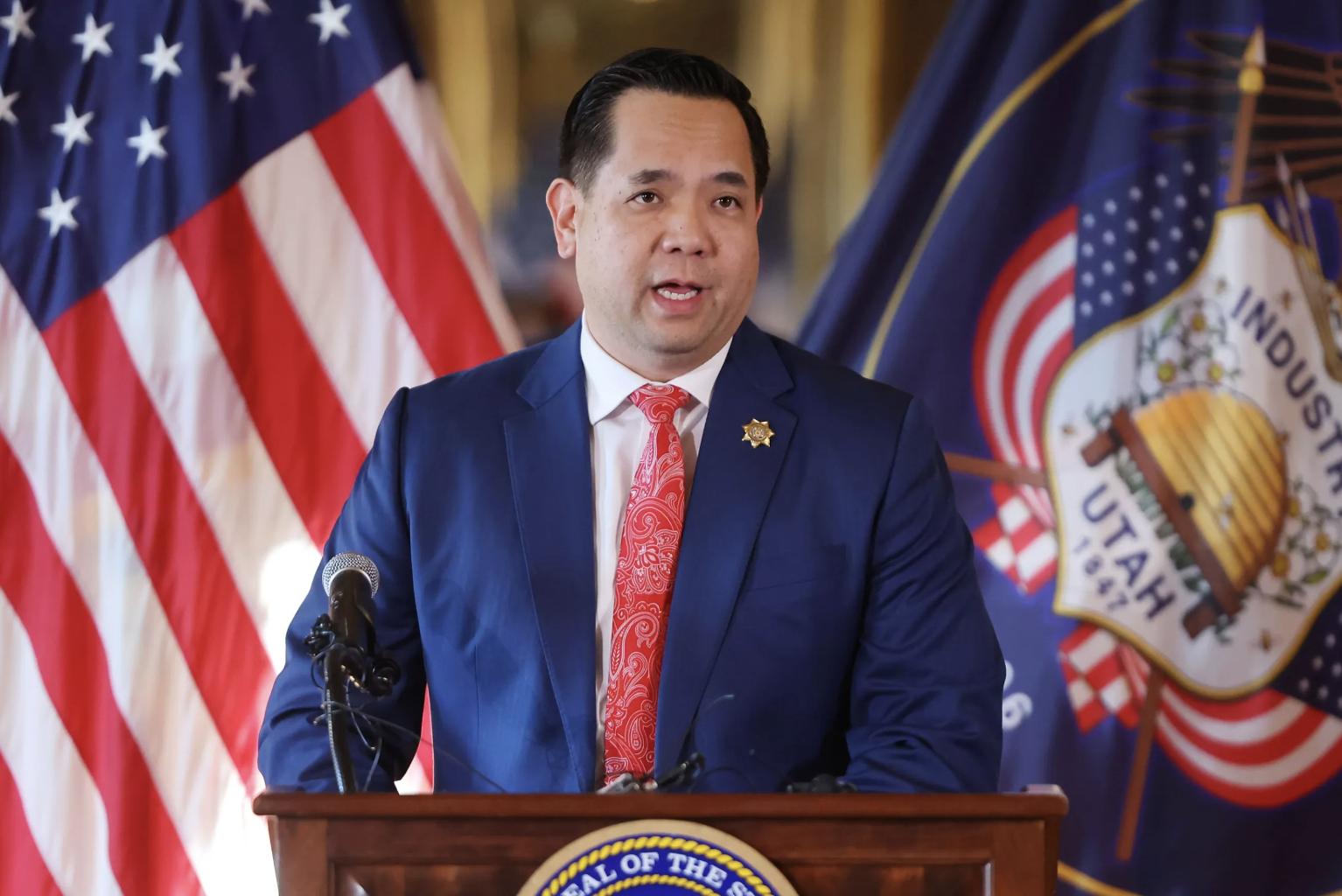 Utah Attorney General Sean Reyes speaks at a press conference in the Gold Room at the Capitol on Jan. 23. Reyes joined other Republican attorneys general Thursday in asking the U.S. Supreme Court to review the Trump Colorado ballot decision.