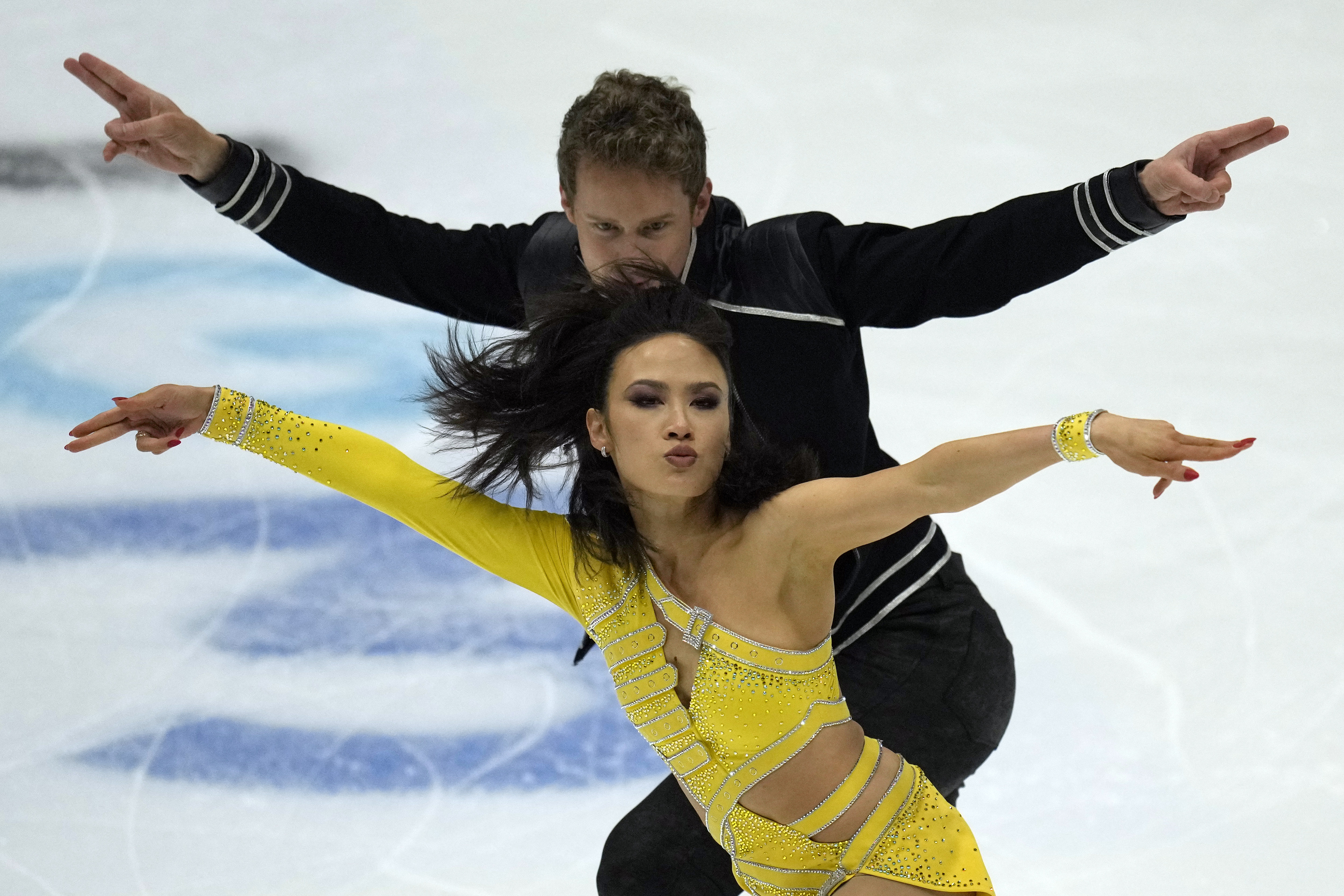 United State's Madison Chock and Evan Bates practice ahead of the ISU Grand Prix of Figure Skating in Beijing, Wednesday, Dec. 6, 2023.