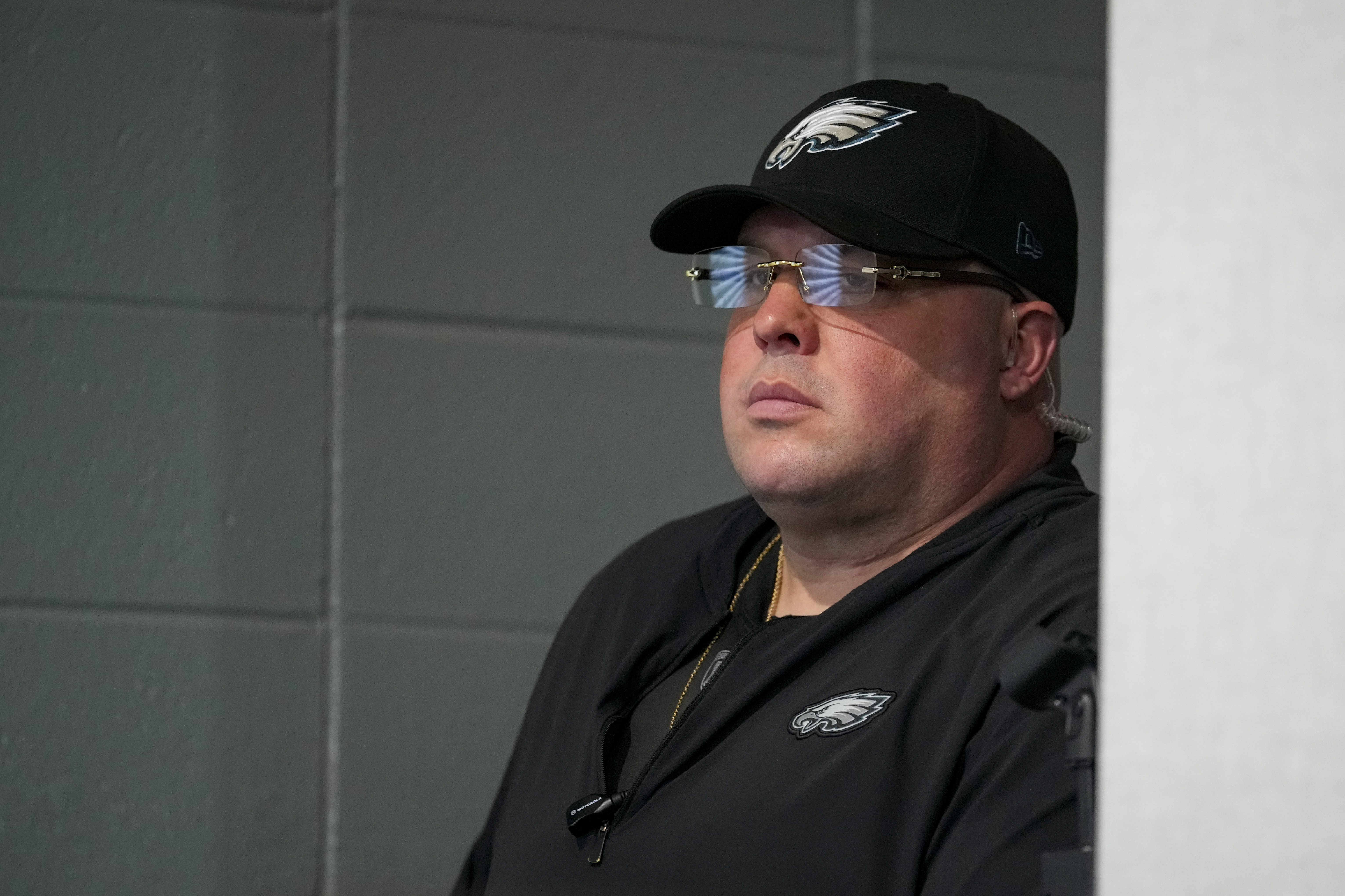 Philadelphia Eagles chief security officer Dom DiSandro looks on during a press conference following an NFL football game between the Eagles and the San Francisco 49ers, Sunday, Dec. 3, 2023, in Philadelphia. The 49ers won 42-19. DiSandro was ejected from the game after an on-field argument between both teams.