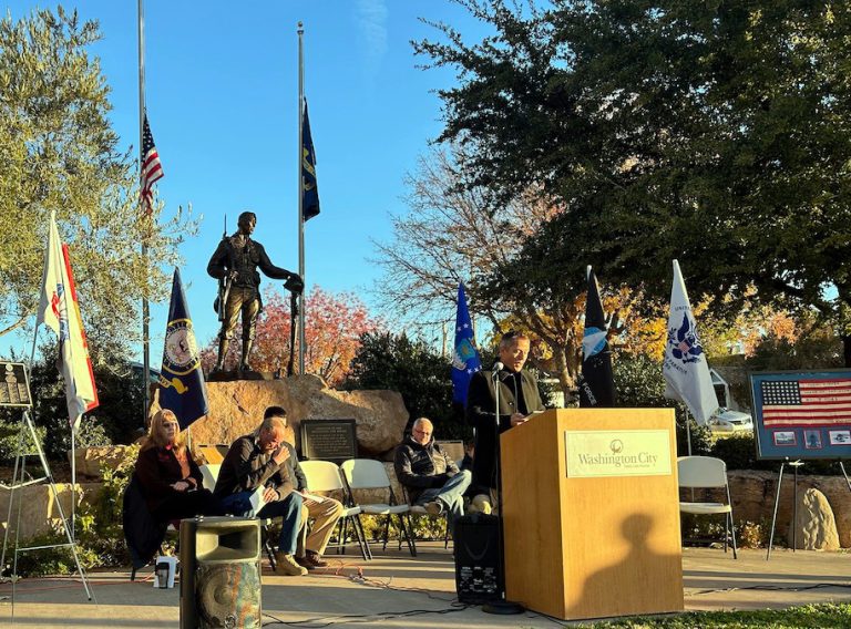 Washington City Mayor Kress Staheli gives a speech at the city’s first annual Pearl Harbor and USS Utah Remembrance Day in Washington City, Washington County, on Thursday.