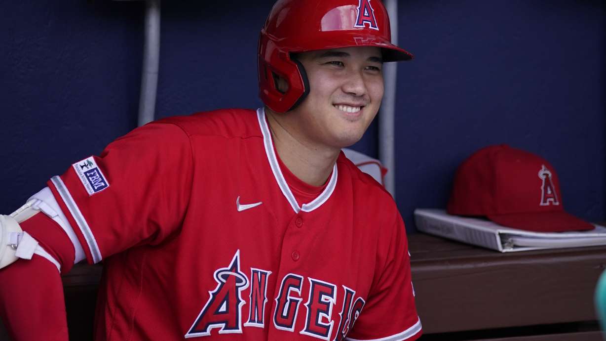 Los Angeles Angels' Shohei Ohtani smiles before a baseball game, Wednesday, Aug. 30, 2023, in Philadelphia. Shohei Ohtani is a favorite to win his second AL Most Valuable Player award, Thursday, Nov. 16, 2023, and is likely to speak publicly since tearing an elbow ligament on Aug. 9, an injury that required surgery and will keep him off the mound next year.