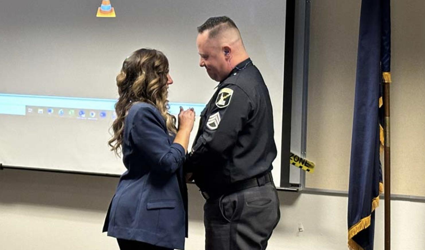 Amy and Mike Wendler at Idaho State Police District 4 in Jerome, Idaho. Amy unpinned Mike’s badge, signifying his retirement.