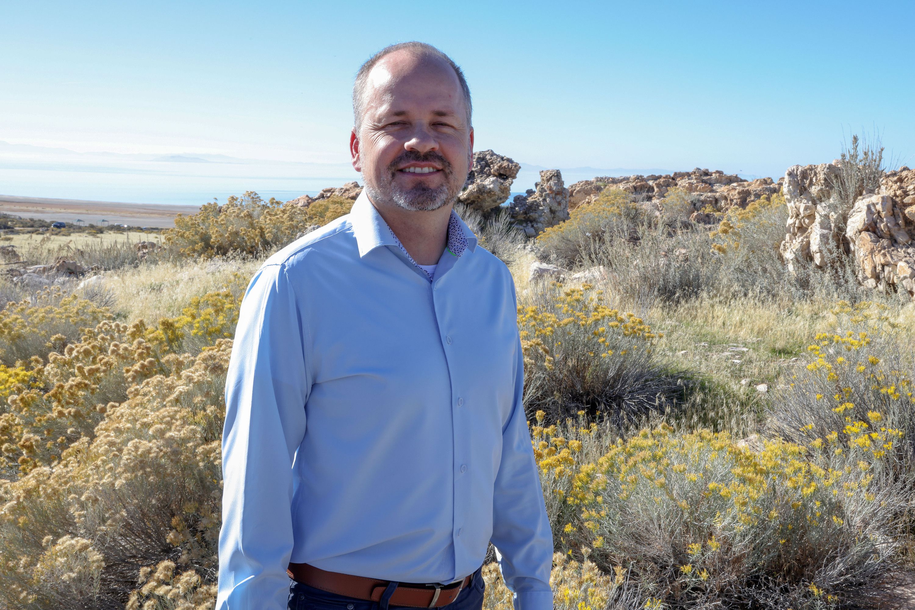 Tim Hawkes, pictured at Antelope Island on Oct. 19, is the vice chair and general counsel of the Great Salt Lake Brine Shrimp Cooperative, which harvests and distributes brine shrimp cysts, which are used to feed farmed fish.