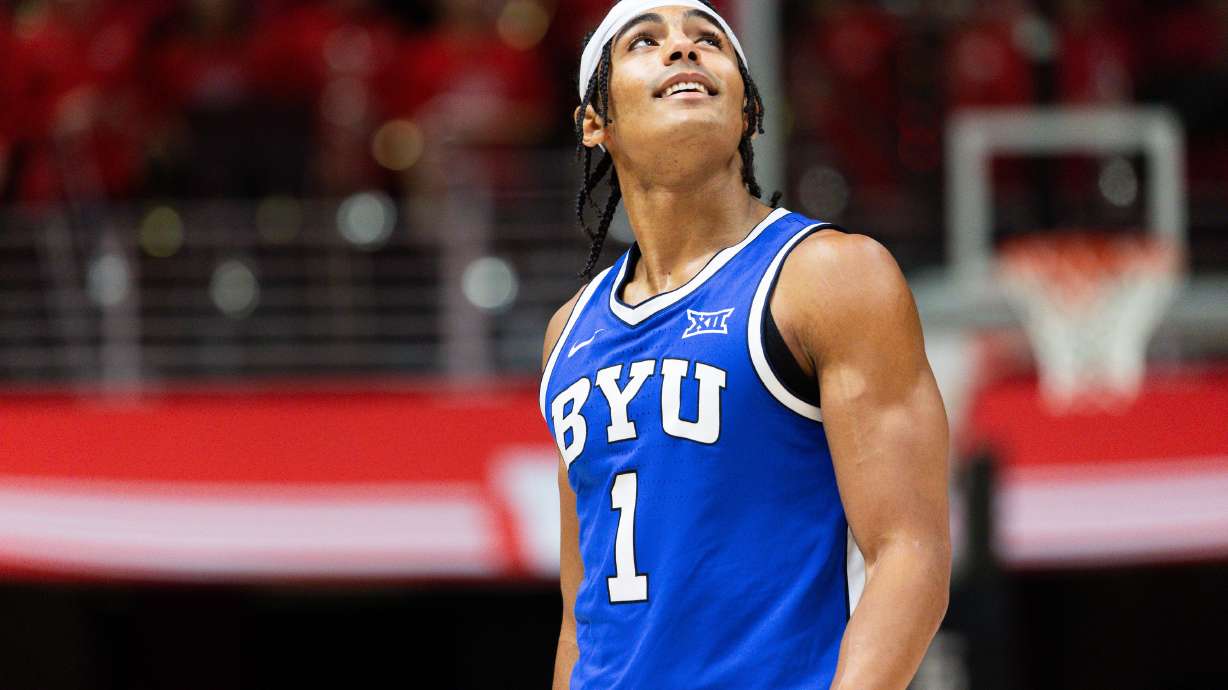 Brigham Young guard Trey Stewart (1) looks up at the crowd during a men’s basketball game against the Utah Utes at the Jon M. Huntsman Center in Salt Lake City on Saturday, Dec. 9, 2023.
