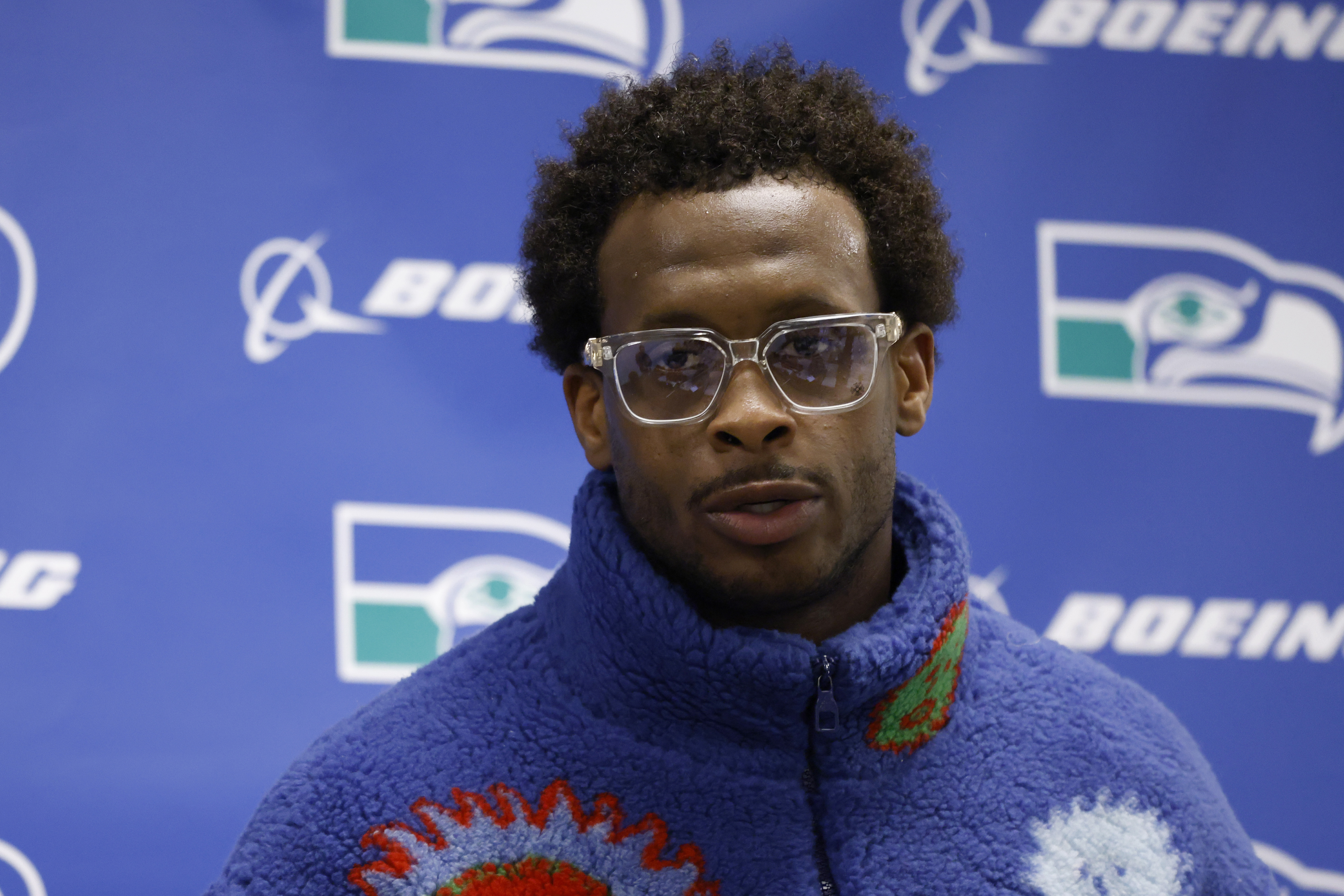 Seattle Seahawks' Geno Smith responds to questions during a news conferece after the team's NFL football game against the Dallas Cowboys in Arlington, Texas, Thursday, Nov. 30, 2023.