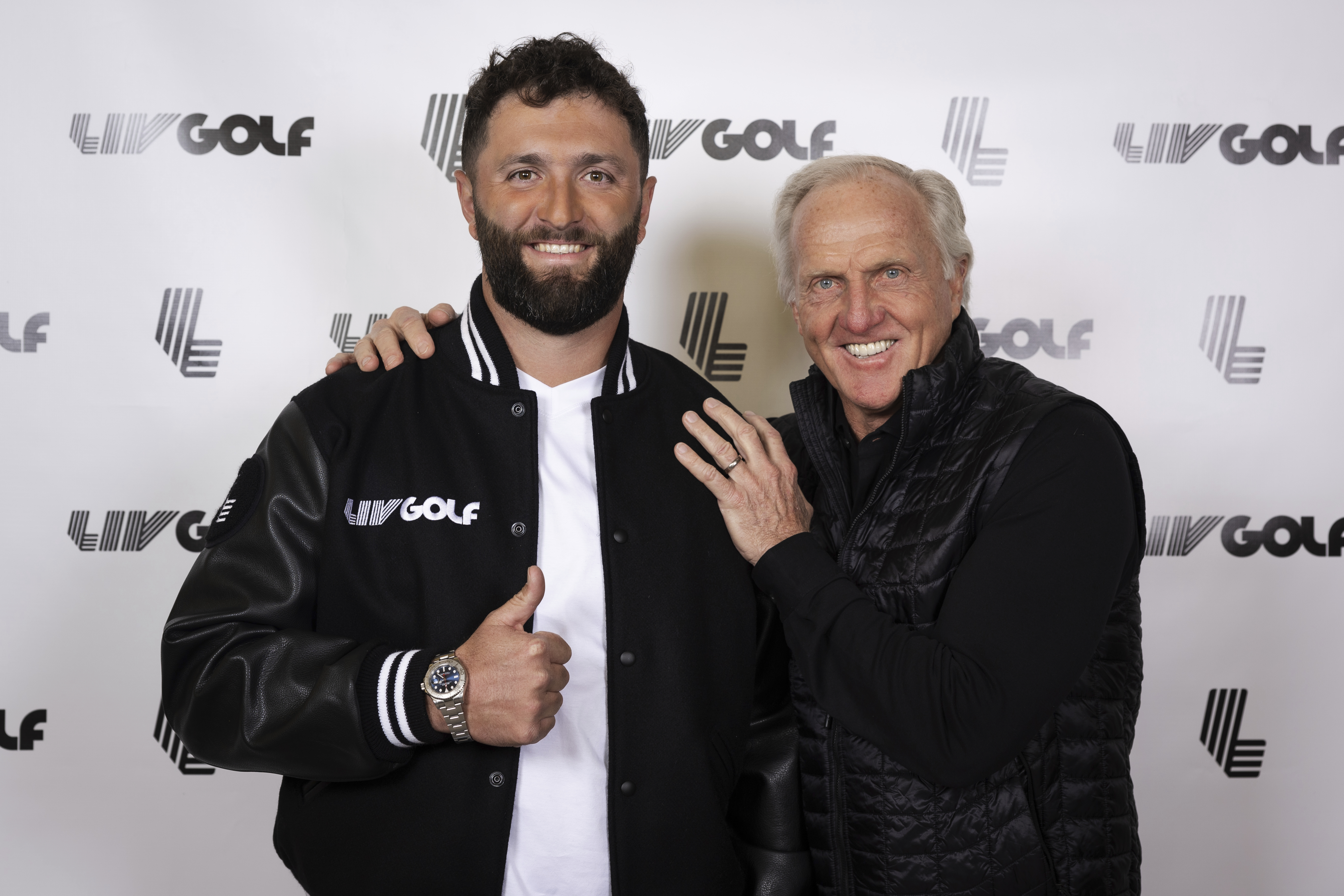 In a photo provided by LIV Golf, Jon Rahm, left, and LIV Golf Commissioner and CEO Greg Norman pose for a photo in New York on Thursday, Dec. 7, 2023. Rahm announced Thursday he's joining LIV Golf.