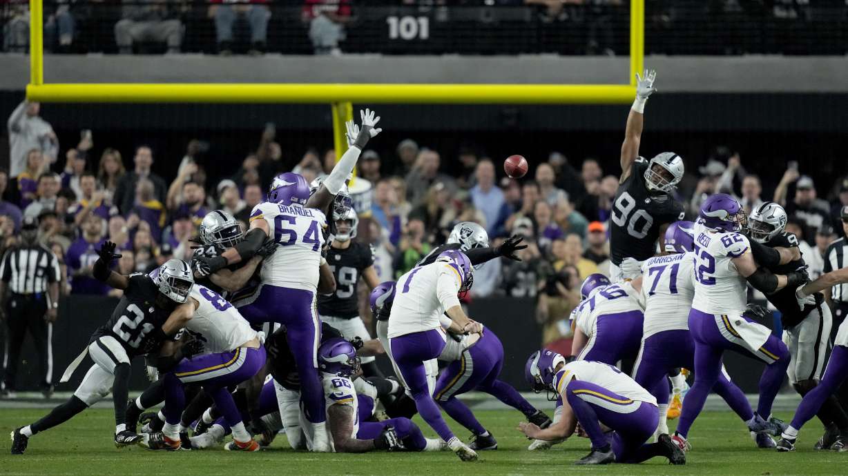 Minnesota Vikings place kicker Greg Joseph (1) kicks the game-winning field goal against the Las Vegas Raiders during the second half of an NFL football game, Sunday, Dec. 10, 2023, in Las Vegas.