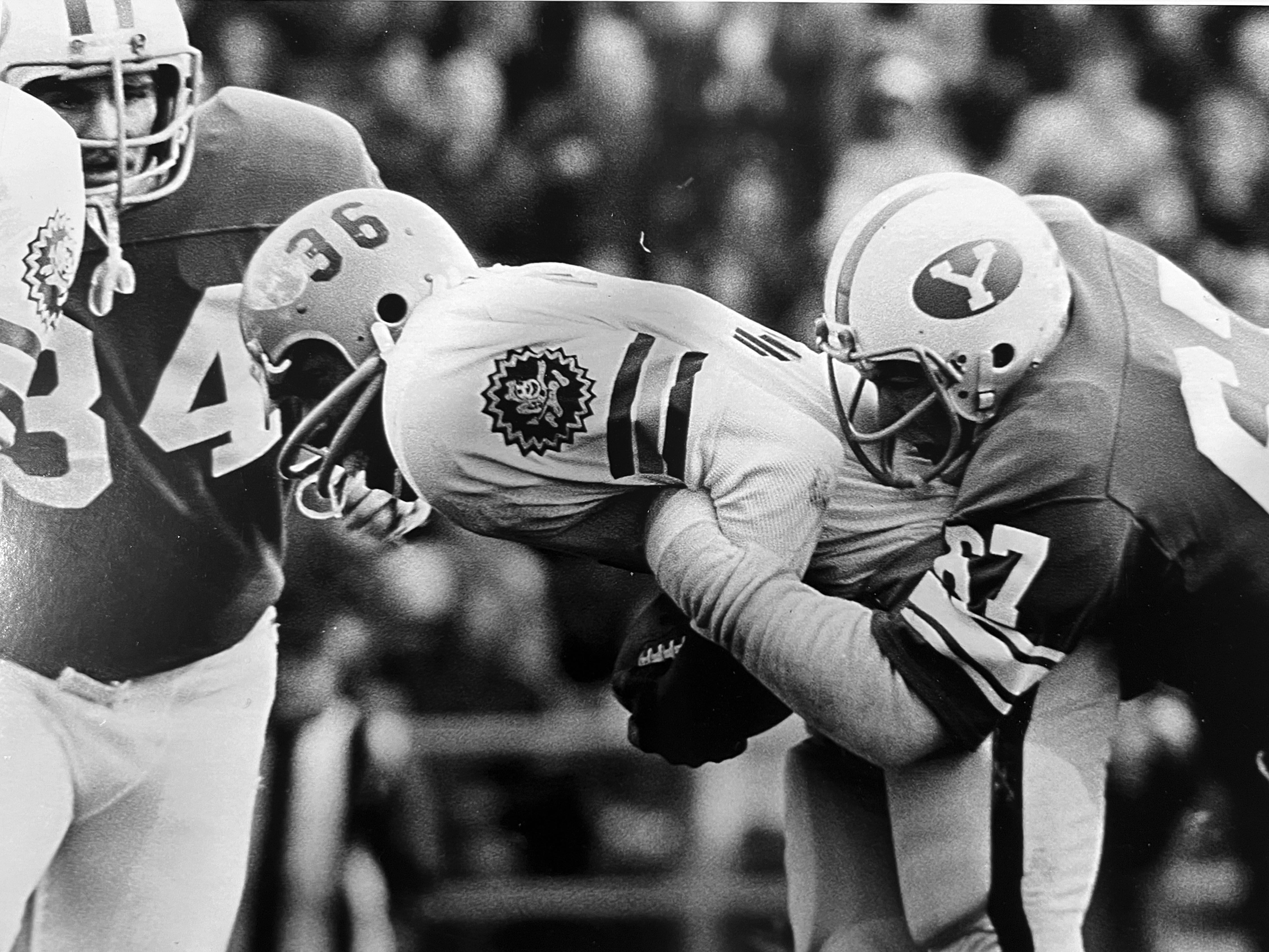 As a BYU linebacker from 1972-74, Larry Carr made hundreds of tackles, many of them leading with his head. Carr is shown in this undated photo.