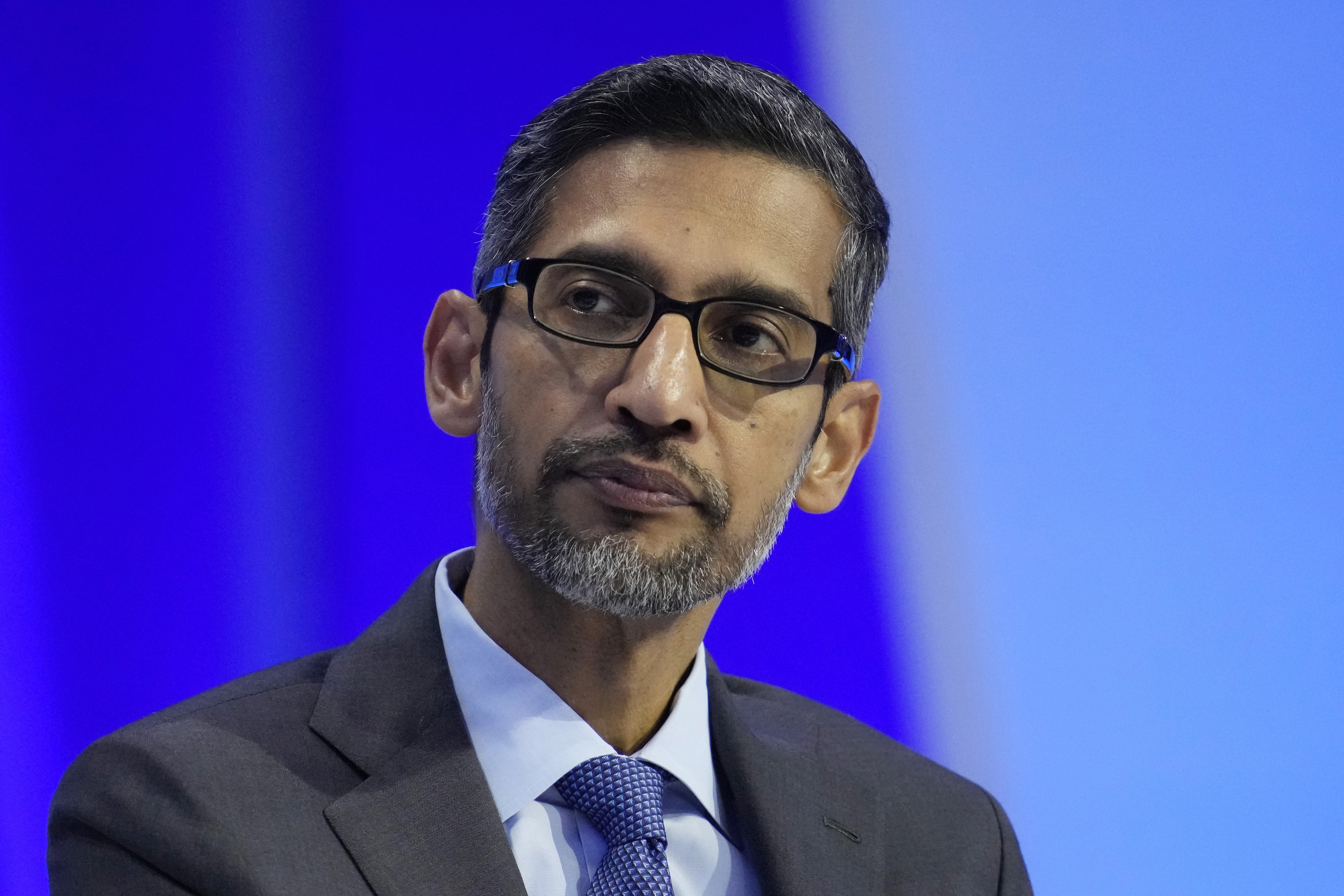 Sundar Pichai, CEO of Google and Alphabet, speaks Nov. 16 in San Francisco. A federal court jury has decided that Google's Android app store has been protected by anticompetitive barriers