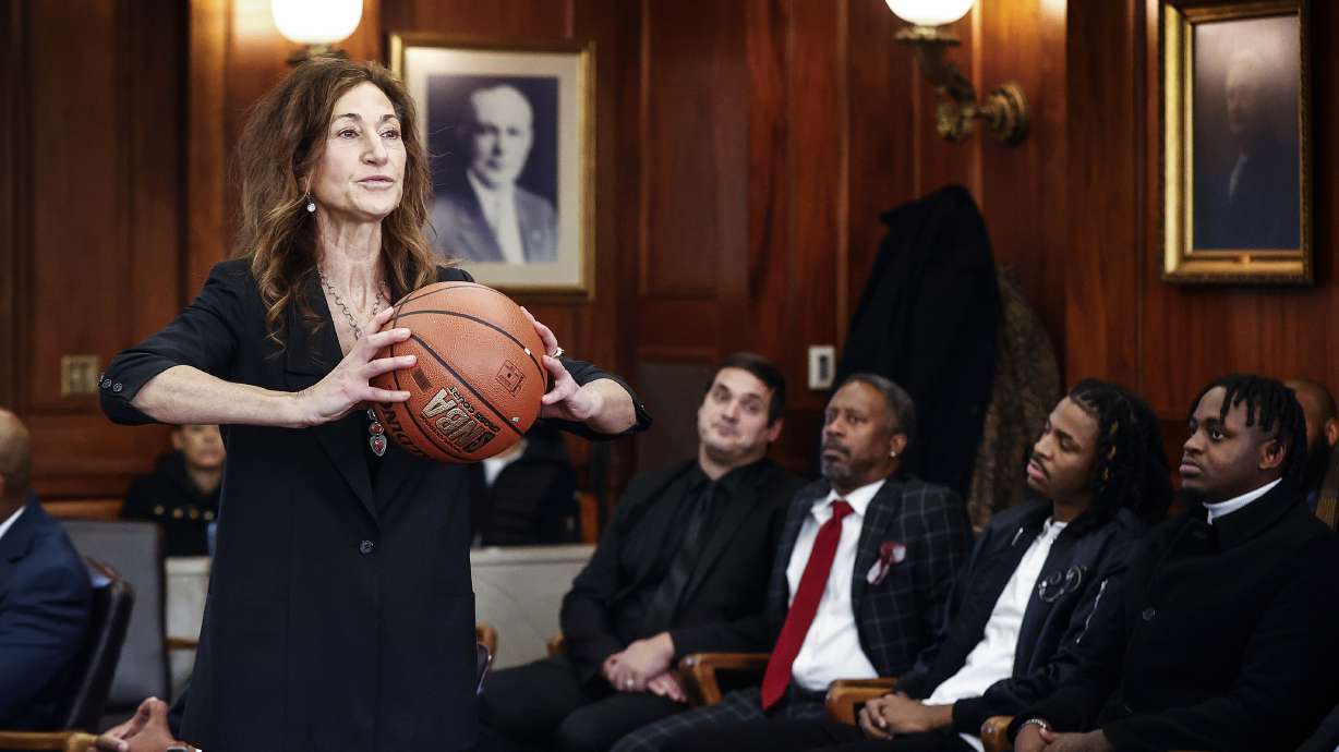 Attorney Rebecca Adelman, who represents Joshua Holloway, gives her opening statement in Judge Carol Chumney's courtroom at Shelby County Circuit Court on Monday, Dec. 11, 2023, in Memphis, Tenn. The hearing is to determine whether Memphis Grizzlies player Ja Morant used self defense while hitting Holloway last summer at his home.