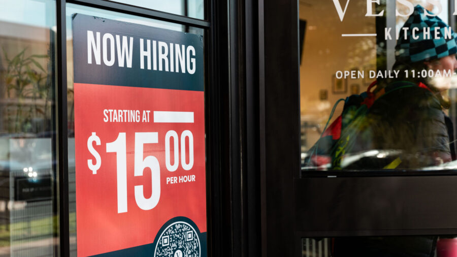A sign reading “Now hiring” at Vessel Kitchen in Salt Lake City on Nov. 3. Utah's small business owners share concerns of nationwide counterparts with inflation, quality of labor, and taxes in the top three.