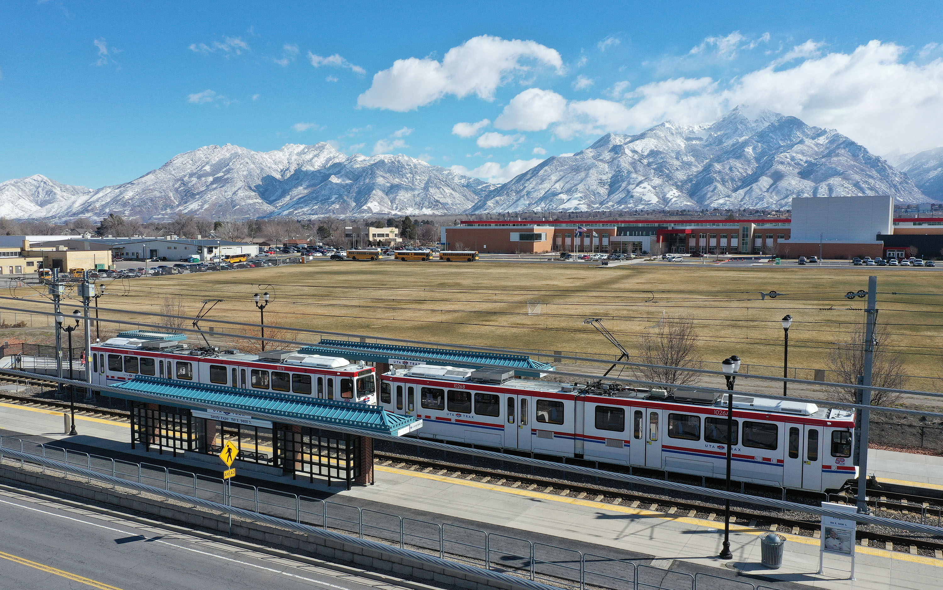 A Utah Transit Authority TRAX train stops at the Sandy Expo Station in Sandy on March 10, 2022. The Utah Department of Transportation released plans for its phased approach to roll out the Point of the Mountain Transit Project.