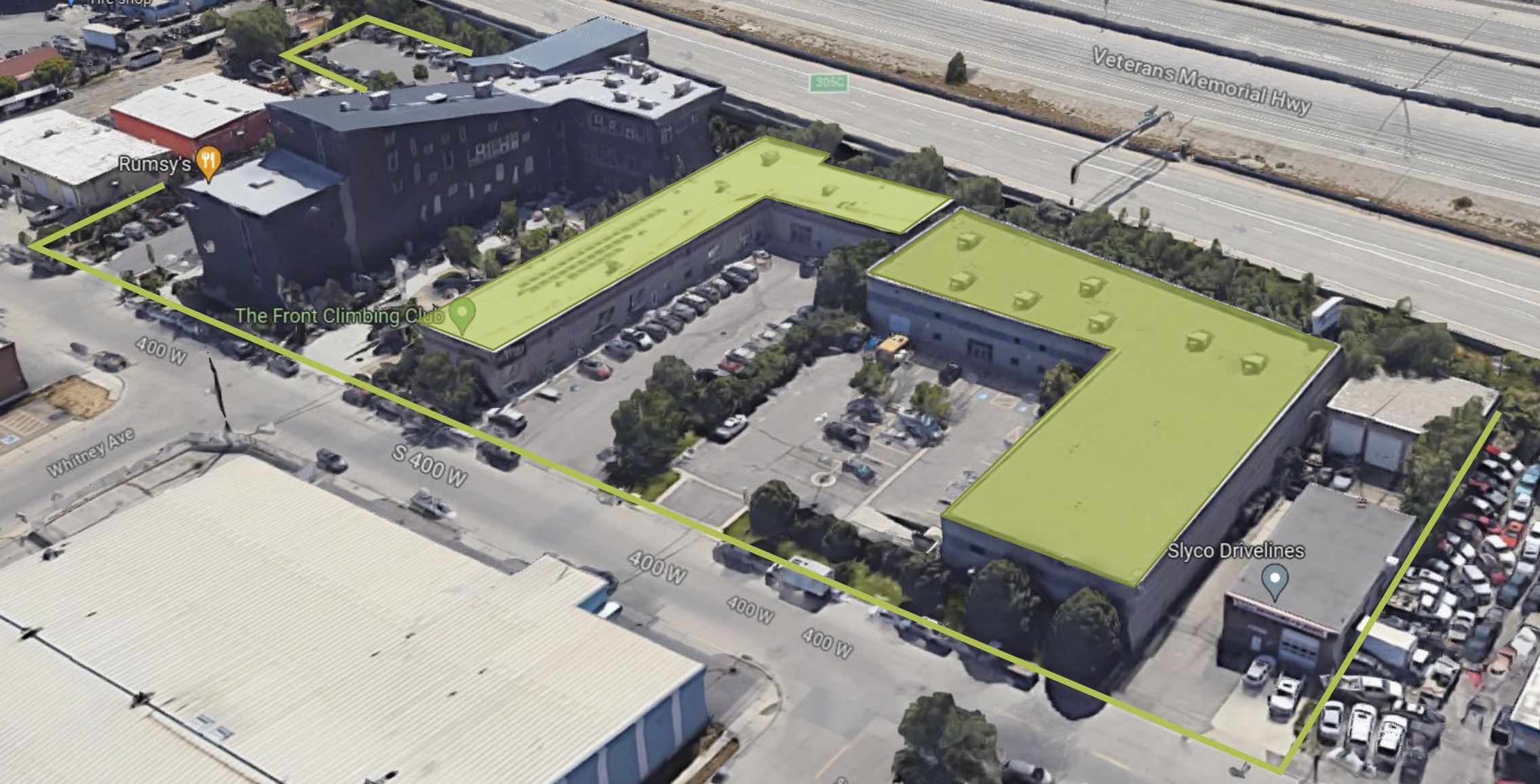 A map of the three buildings that Rocky Ventures, Inc. owns in Salt Lake City. The furthest right building is an abandoned warehouse the company recently acquired. It and the middle building are highlighted because they are undergoing the largest renovations.