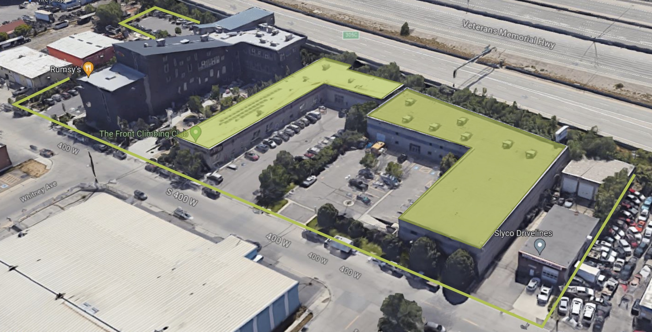 A map of the three buildings that Rocky Ventures, Inc. owns in Salt Lake City. The furthest right building is an abandoned warehouse that the company recently acquired. It and the middle building are highlighted because they are undergoing the largest renovations right now.