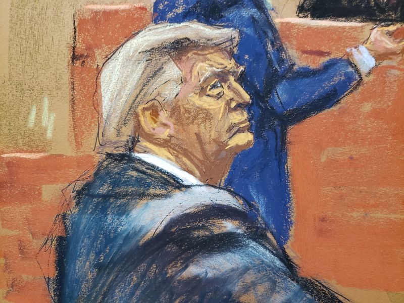 A courtroom sketch shows former U.S. president Donald Trump listen as defense lawyer Christopher Kise speaks at the Trump Organization civil fraud trial in New York City, Wednesday.