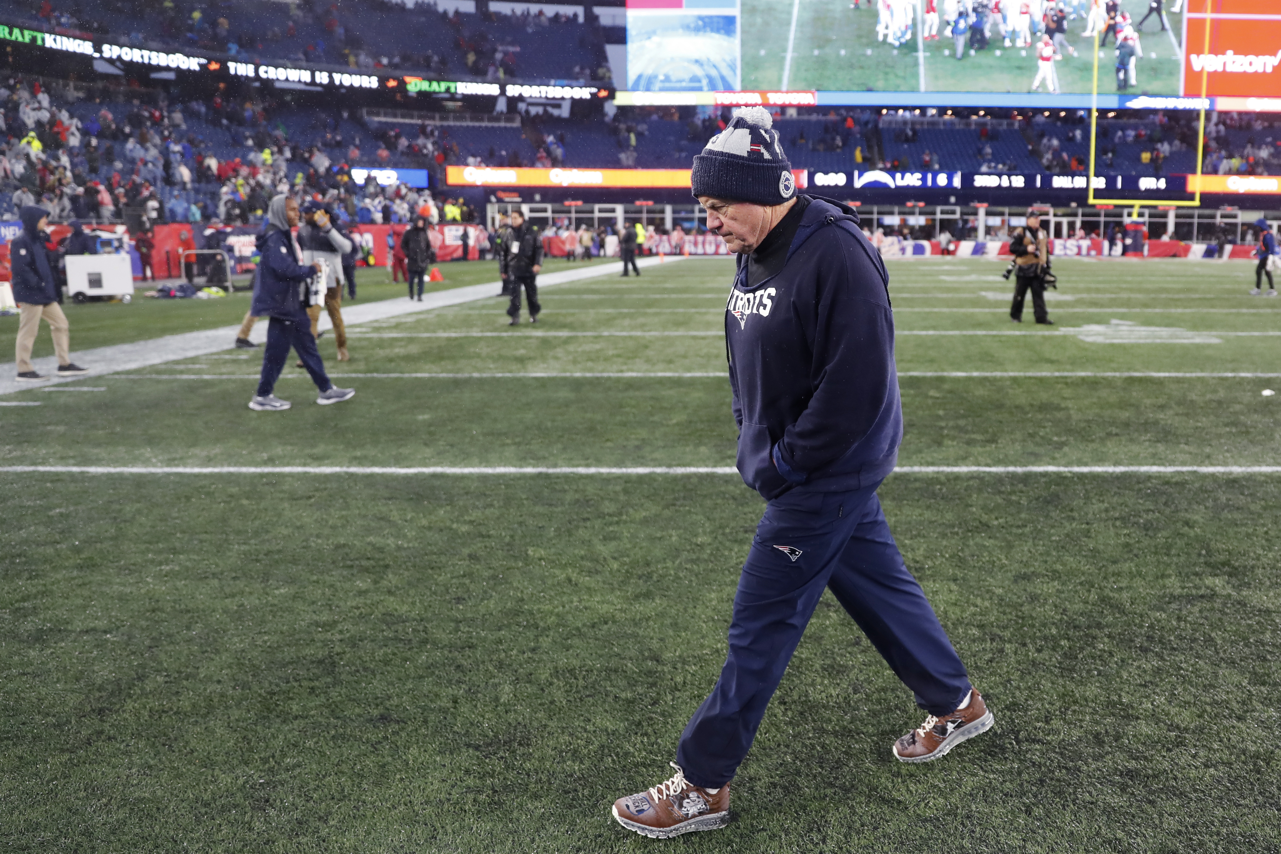 New England Patriots head coach Bill Belichick walks off the field after a 6-0 loss to the Los Angeles Chargers following an NFL football game, Sunday, Dec. 3, 2023, in Foxborough, Mass. 